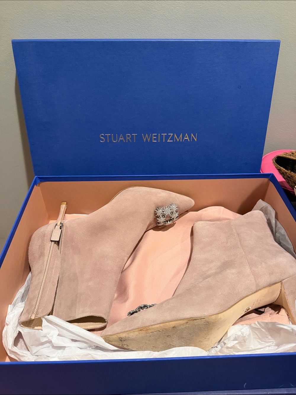 Stuart Weitzman Blush Pink Suede Ankle Booties with Crystal Brooch